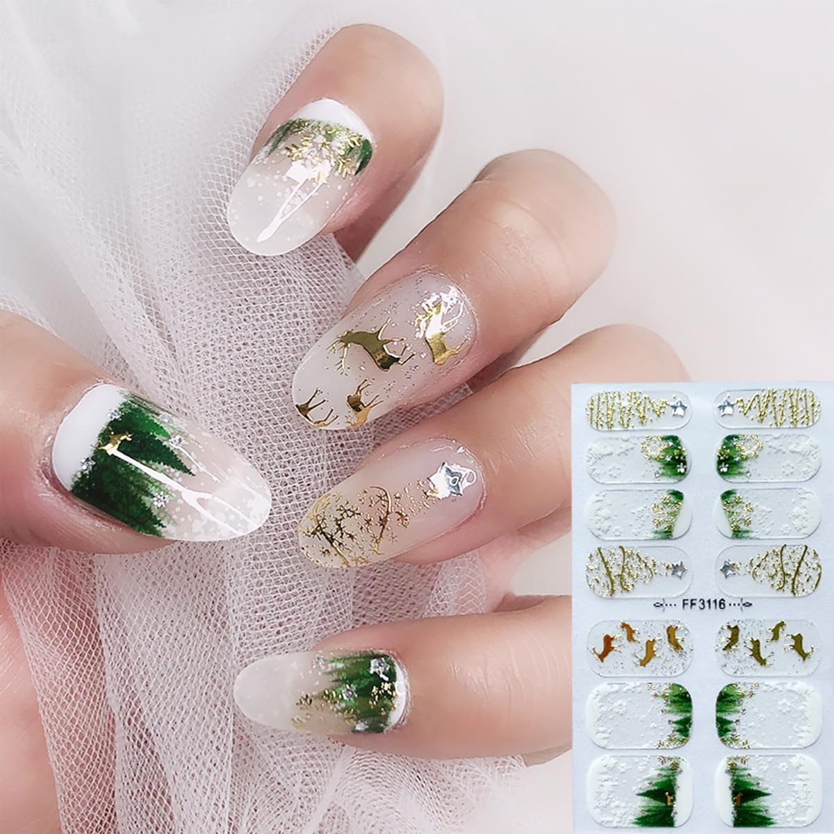 4 Sheets Christmas Gel Nail Stickers Snowflake Xmas Trees Nail Wraps Sticker with 3D Rhinestones Design Gilding Reindeer Nail Polish Strips Self-Adhesive Glitter Winter Full Wrap Nails Strip for Women