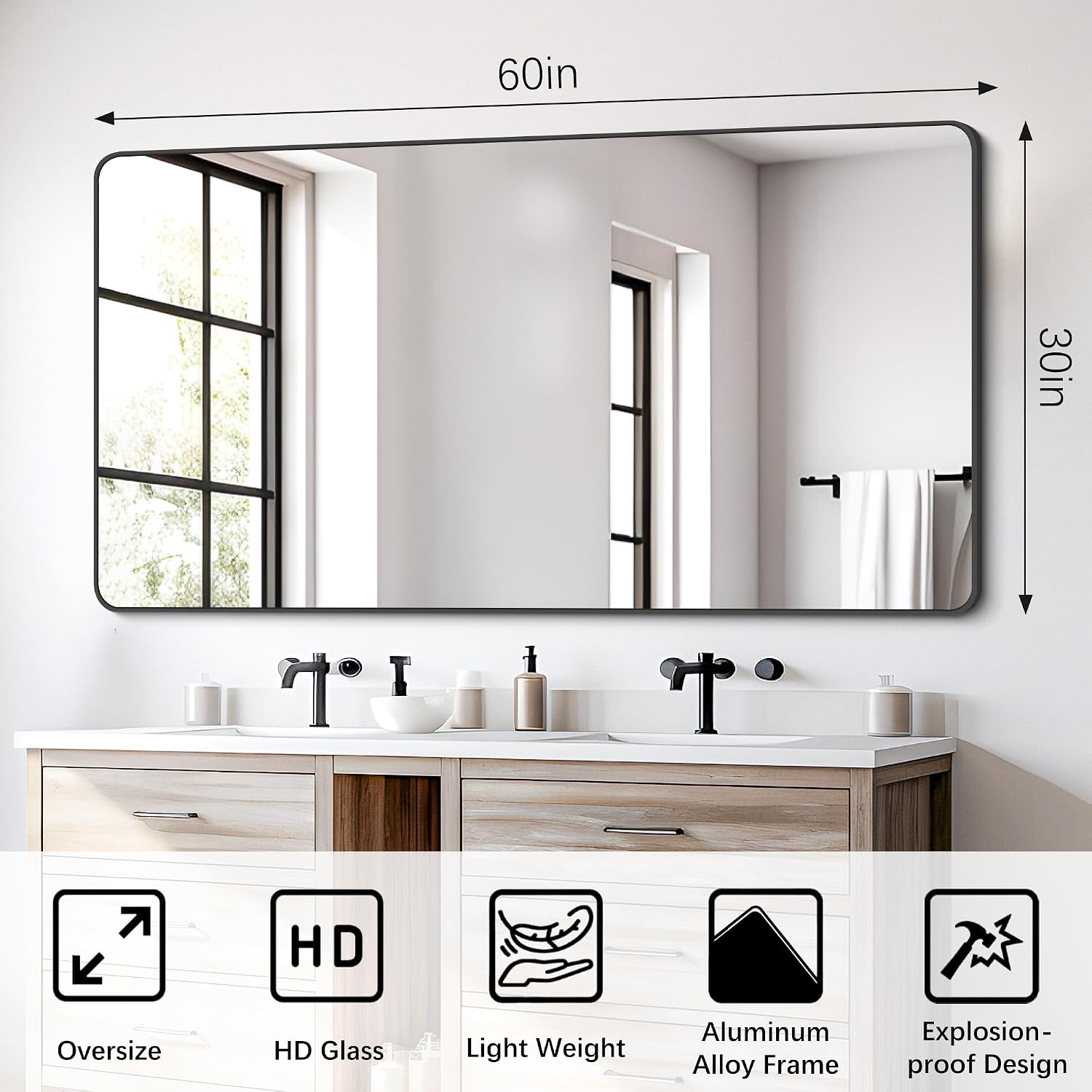Bathroom Mirror 30" X 60"，Large Rectangular Wall Mirror, Black Metal Framed Rounded Corner Wall Mounted Mirror For Bathroom Bedroom Entryway Decor(Horizontal/Vertical)