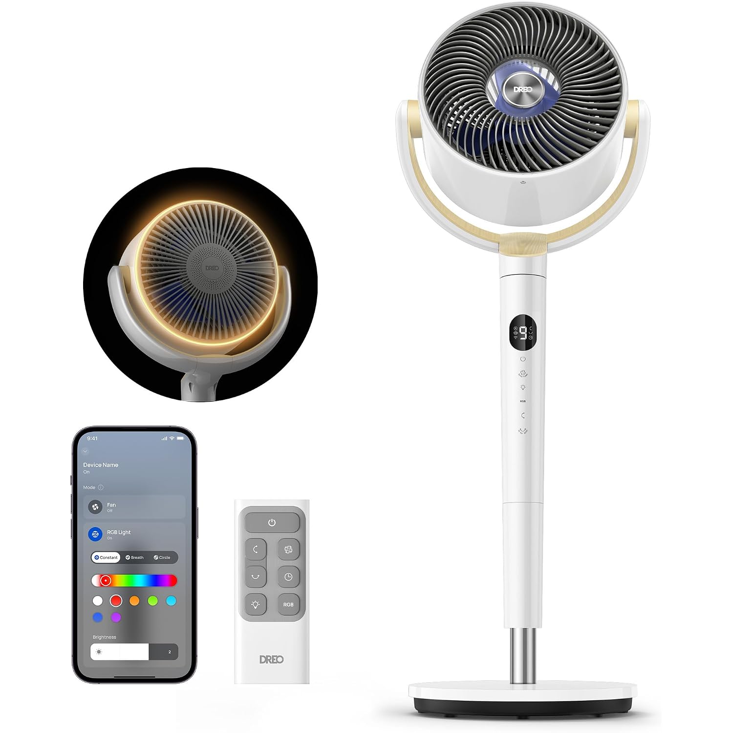 Dreo Smart Fan For Bedroom, 120° +120° Omni-Directional Oscillating Fans, 100Ft Quiet Pedestal Fan With Rgb Light, 9 Speeds, 6 Modes, 20Db, 8H Timer, Wi-Fi/Voice/Alexa, 35-40" Floor Fans With Remote