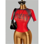 WDIRARA Women's Sheer Mesh Letter Graphic Tees Short Sleeve T Shirts Y2k Tops Streetwear Burgundy