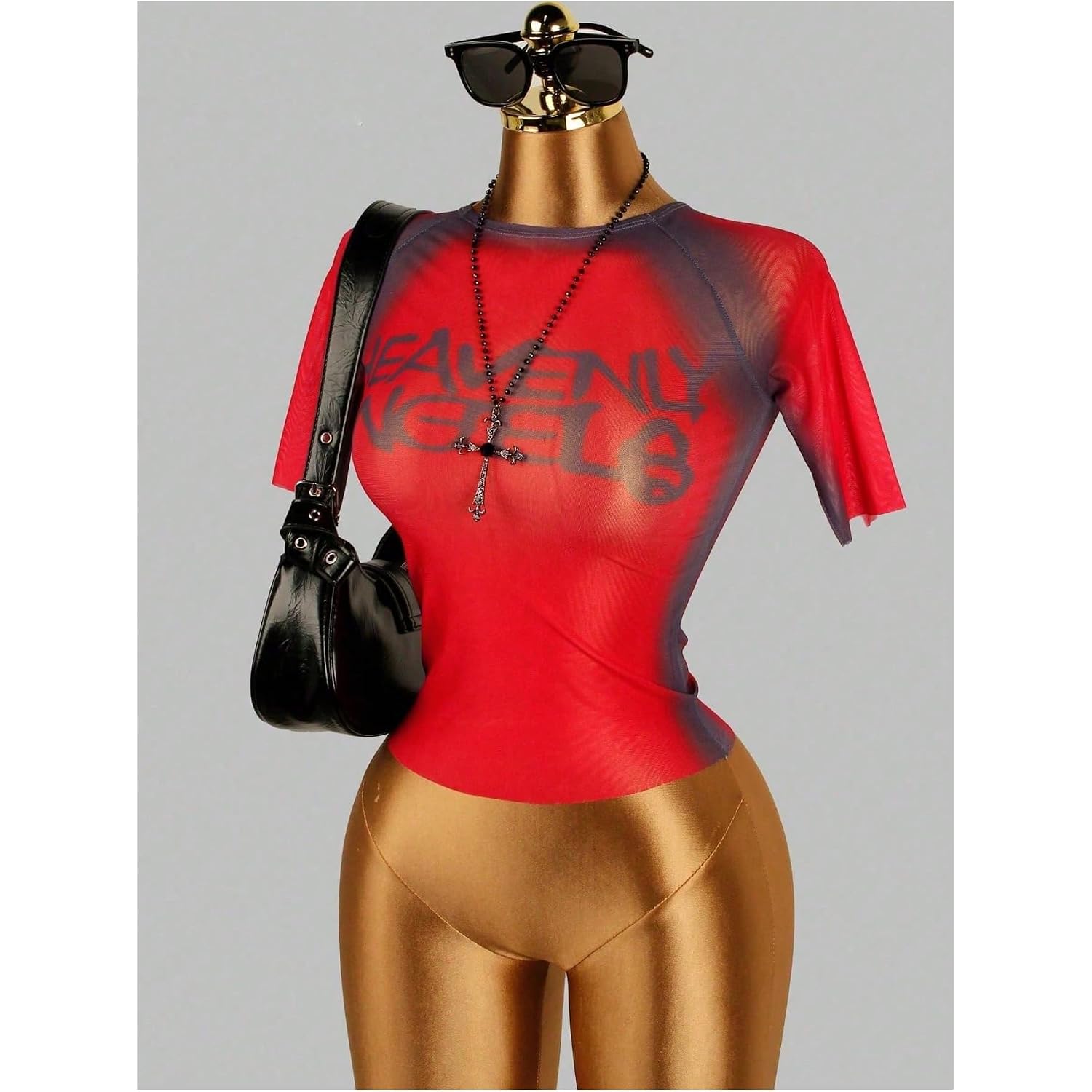 WDIRARA Women's Sheer Mesh Letter Graphic Tees Short Sleeve T Shirts Y2k Tops Streetwear Burgundy
