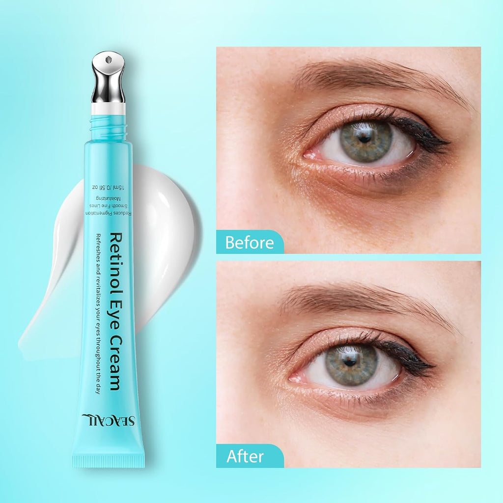 Retinol Eye Cream, Anti Aging Under Eye Cream With Caffeine, Vitamin C & Hyaluronic Acid, Cool Massage Head Eye Serum Fades Dark Circles Puffiness Wrinkles, 15Ml Portable Eye Cream For Women