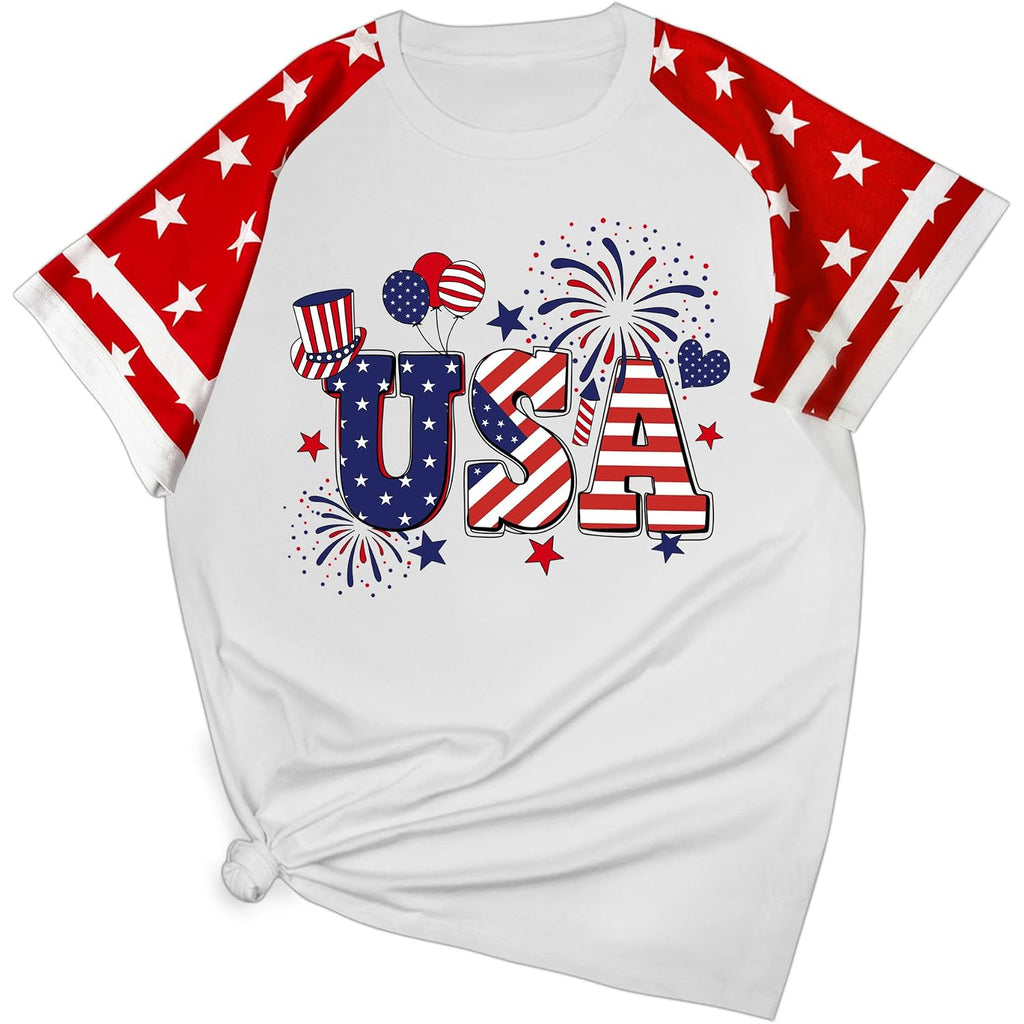 XLIEVO 4th of July Shirts Women:USA Color-Blocking Short-Sleeve American Flag Crew Neck Graphic Tee Patriotism T-Shirt