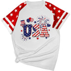 XLIEVO 4th of July Shirts Women:USA Color-Blocking Short-Sleeve American Flag Crew Neck Graphic Tee Patriotism T-Shirt