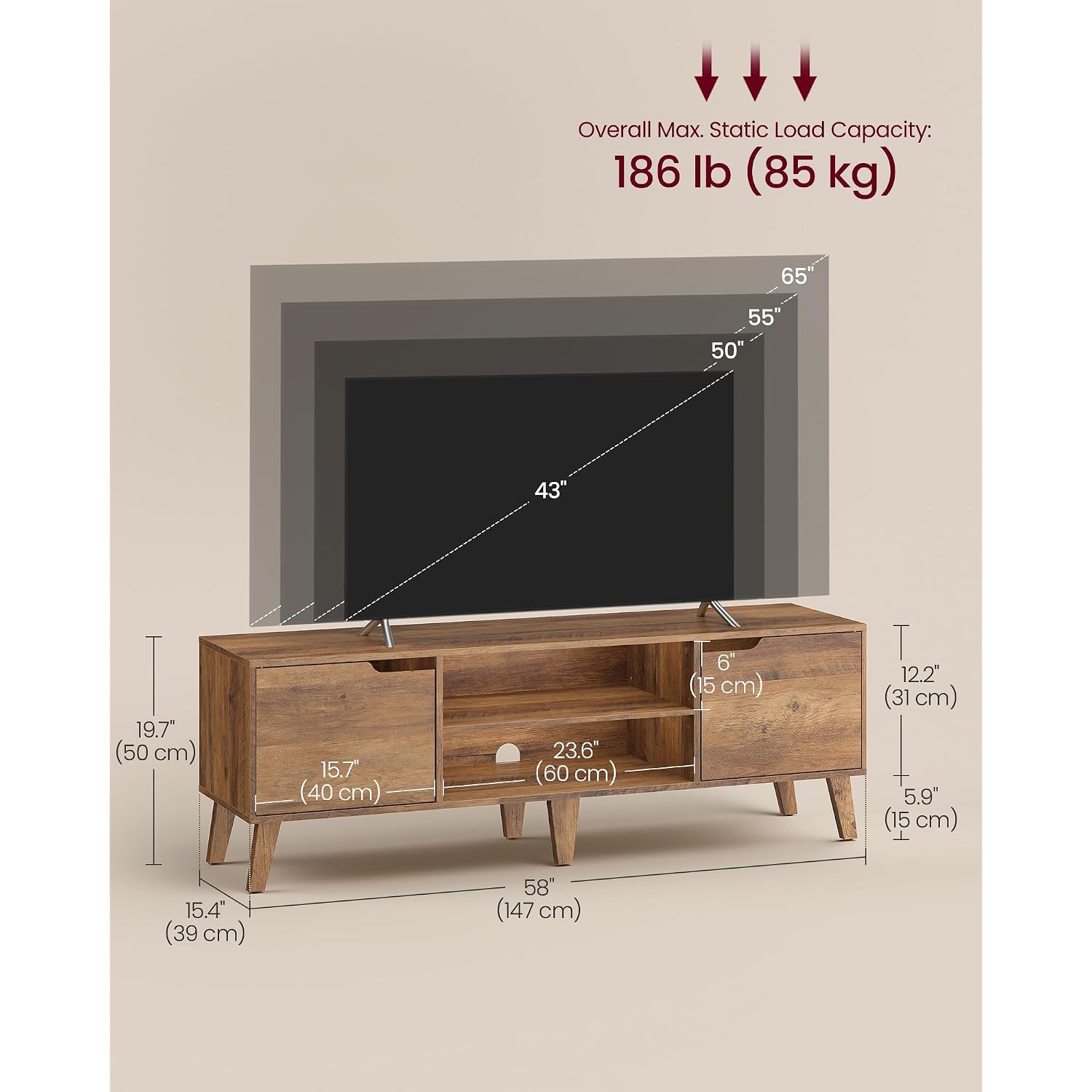 Vasagle Tv Stand For 65-Inch Tvs, Entertainment Center With Adjustable Shelf, 58-Inch Long Media Console Table, Transitional Style, For Living Room, Bedroom, Honey Brown Ultv556K01