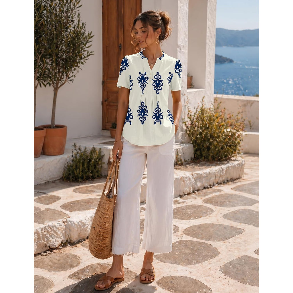 LOMON Womens Summer Tops Boho V Neck Pleated Blouses Dressy Casual Short Sleeve Shirts Vacation Outfits