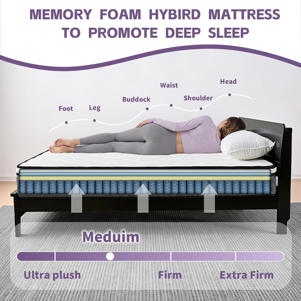Queen Mattress, 12 Inch Cooling Hybrid Queen Mattress In A Box, Medium Firm With Gel Memory Foam & Individual Pocket Springs, Motion Isolation, Pressure Relief, Certipur-Us