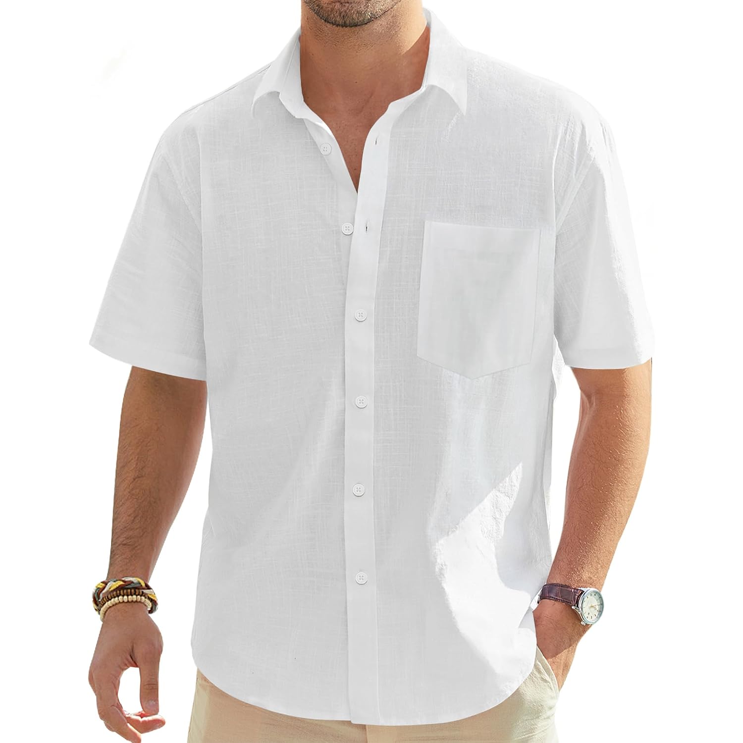 J.Ver Mens Linen Shirt Short Sleeve Button Down Casual Summer Shirts | Cotton Linen, Untucked, Big Tall, From Beach Camp Vacation, Cruise Fishing, Work Office, To Wedding Party Family, With Pocket