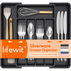 Lifewit Expandable Silverware Organizer, Plastic Utensil Tray for Kitchen Drawer, BPA Free Flatware Cutlery Holder, Space-Saving Storage for Spoons Forks Knives, 8.5-14 x 12 x 1.5 inch, Black