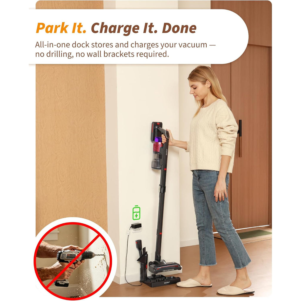 Eleckeys 650W Cordless Vacuum Cleaner For Home, Pet Hair & Hardwood Floors, 55Kpa Lightweight Vacuum Cleaners With 65 Mins Runtime, Self-Standing, Foldable Tube, Charging Dock & Anti-Tangle Brush