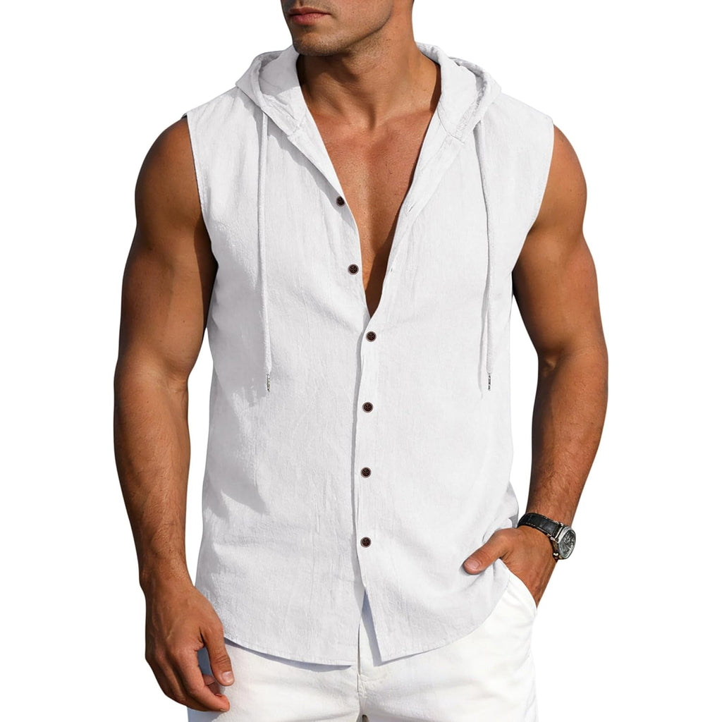 Mens Linen Sleeveless Hoodies Button Down Tank Shirt Summer Casual Beach Lightweight Hawaiian Fashion Tops