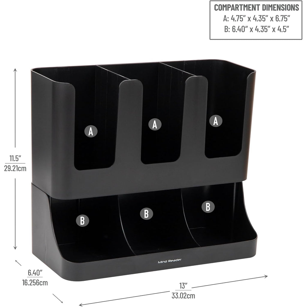 Mind Reader Condiment Station, 13 Inch Countertop Coffee Bar Organizer with 6 Compartments, Storage Caddy for Cups, Lids and Packets, Plastic, Black