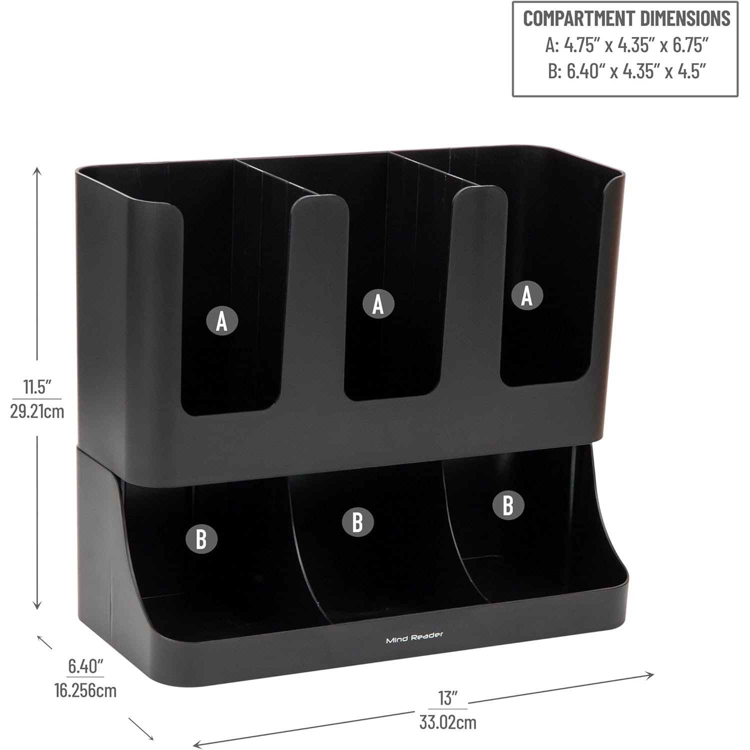 Mind Reader Condiment Station, 13 Inch Countertop Coffee Bar Organizer with 6 Compartments, Storage Caddy for Cups, Lids and Packets, Plastic, Black