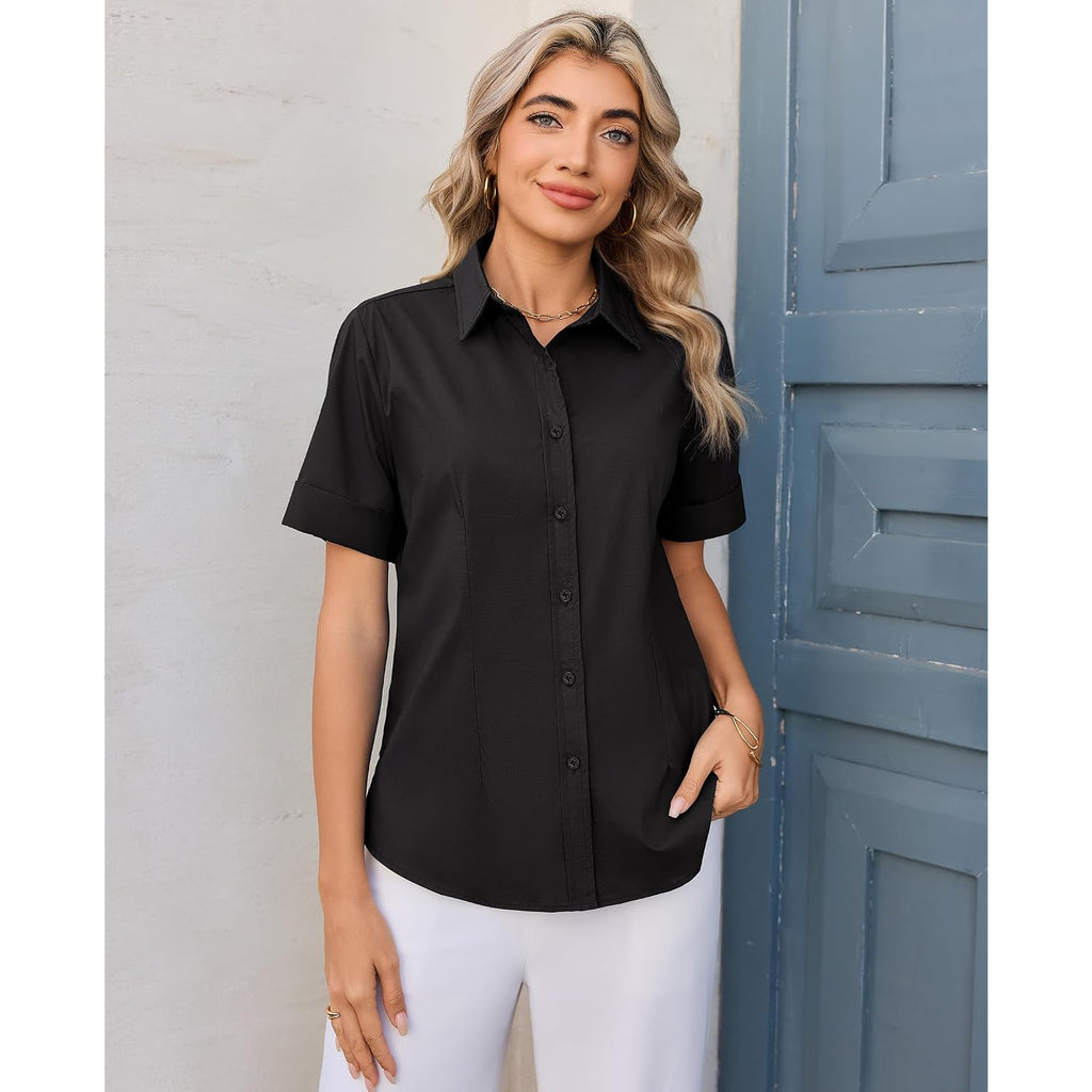 Siliteelon Button Down Shirts For Women Stain-Resistant Short Sleeve Collared Dress Shirt Business Casual Tops Work Blouse