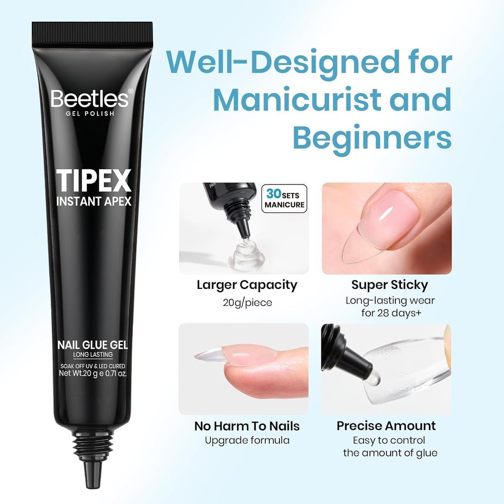 Beetles Tipex Nail Glue 20g Solid Nail Glue Gel Super Strong for Tipex Nail Tips Soak Off U V No Hand-Hold Needed Professional Beginner-Friendly 28+ Days Lasting