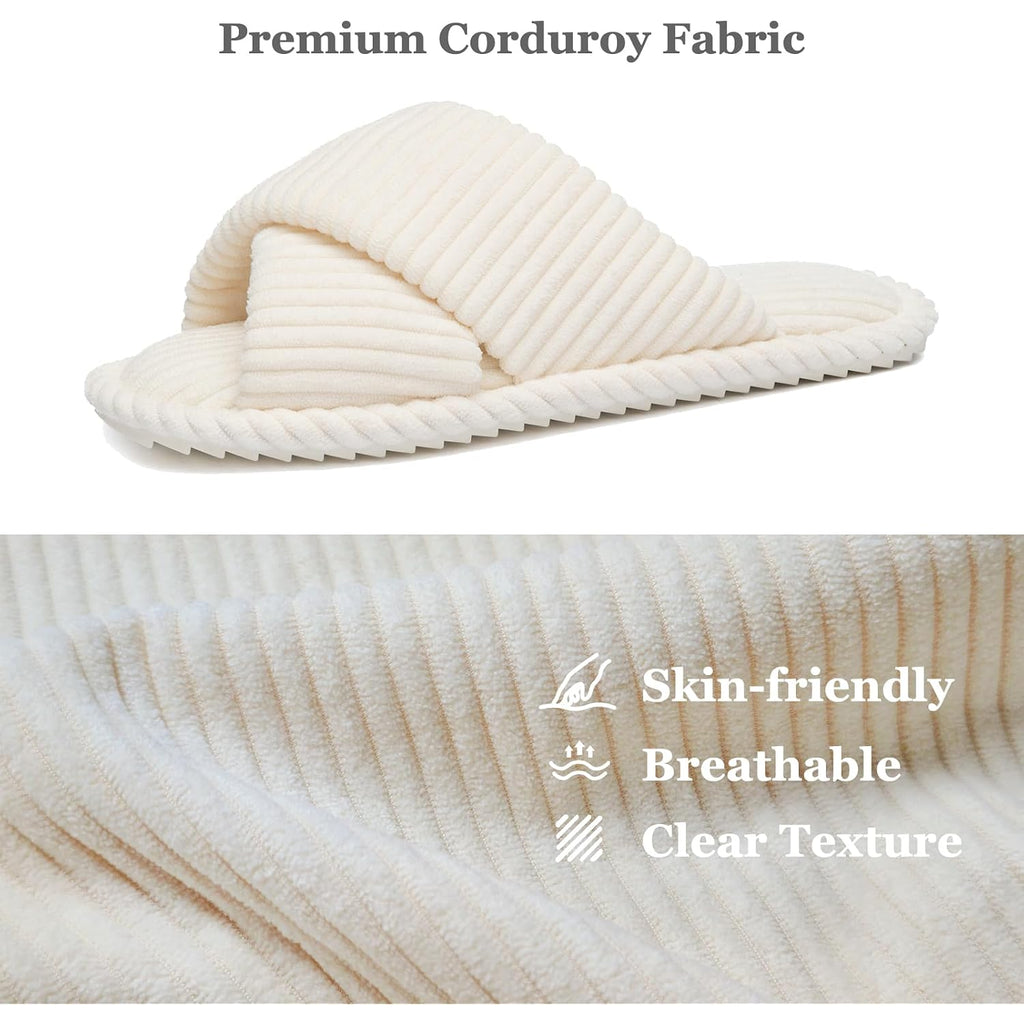 Slippers For Women Memory Foam House Bedroom Corduroy Crossbands Open Toe Slides Sandals Shoes Comfy Trendy Gift For Womens Anti-Skid Sole