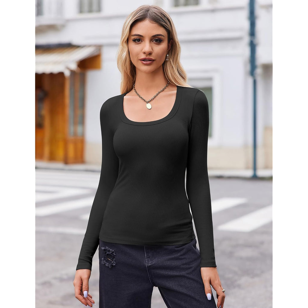 Zeagoo Women's Long Sleeve Scoop Neck Shirts Casual Slim Fit Rib Knit Tops Summer Fall Basic Business Work Tee