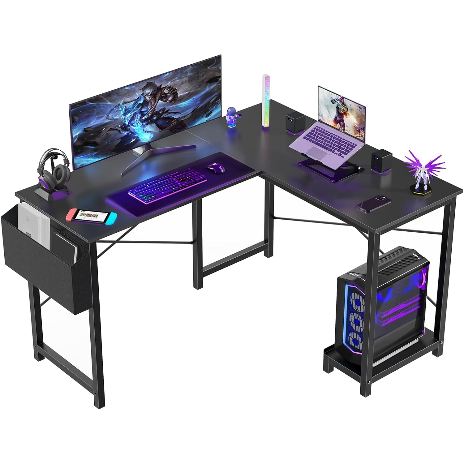 Sweetcrispy L Shaped Desk - Computer Gaming Desk Corner Desk | Pc Table Organizer With Cpu Stand Side Bag For Home Office Dorm Sturdy, Writing Workstation, Black, 50-Inch
