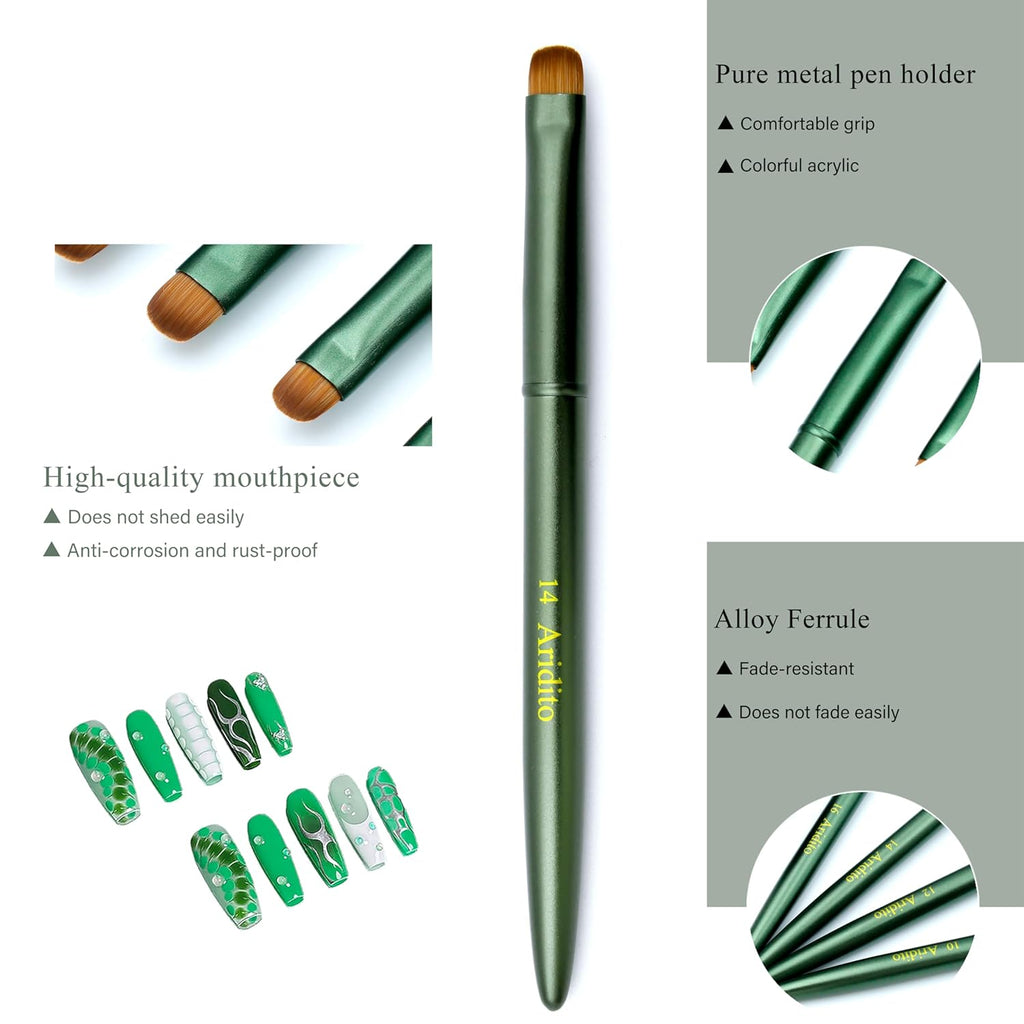 4pcs Matte Green Metal French Nail Brush | Professional French Tip Brush | Nail Clean Up Brush (#10,#12,#14,#16) (Matte Green)