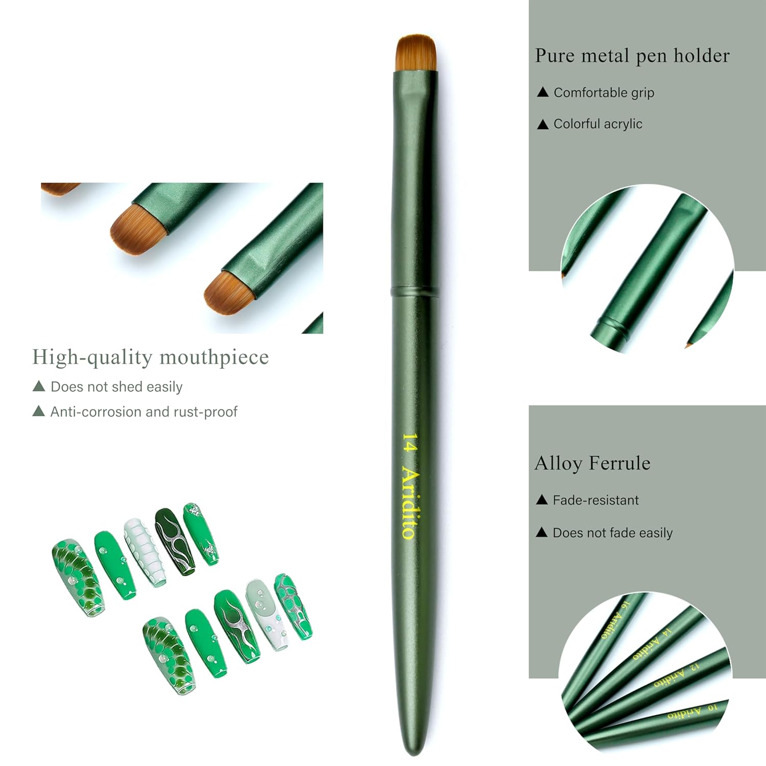 4pcs Matte Green Metal French Nail Brush | Professional French Tip Brush | Nail Clean Up Brush (#10,#12,#14,#16) (Matte Green)