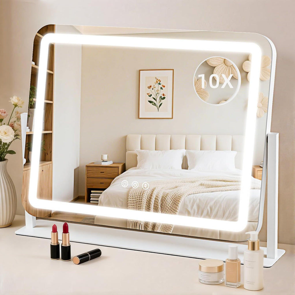 Vanity Mirror With Lights 22"X17", Lighted Makeup Mirror With 10X Magnification 4.5", 3 Color Dimmble Lights, Touch Control, 360° Rotation, Metal Frame, Women'S Gift, For Bedroom/Dressing Room, White