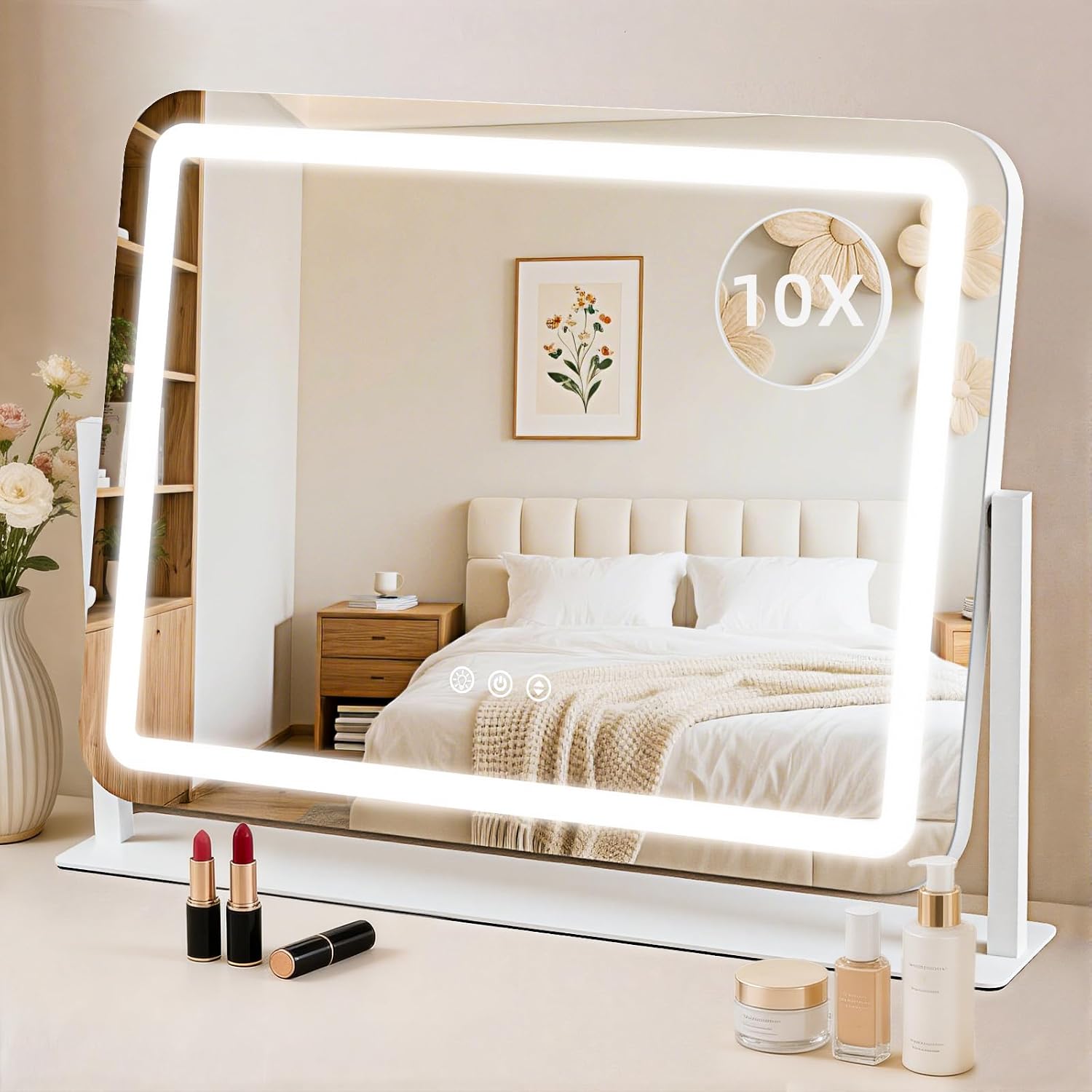 Vanity Mirror With Lights 22"X17", Lighted Makeup Mirror With 10X Magnification 4.5", 3 Color Dimmble Lights, Touch Control, 360° Rotation, Metal Frame, Women'S Gift, For Bedroom/Dressing Room, White