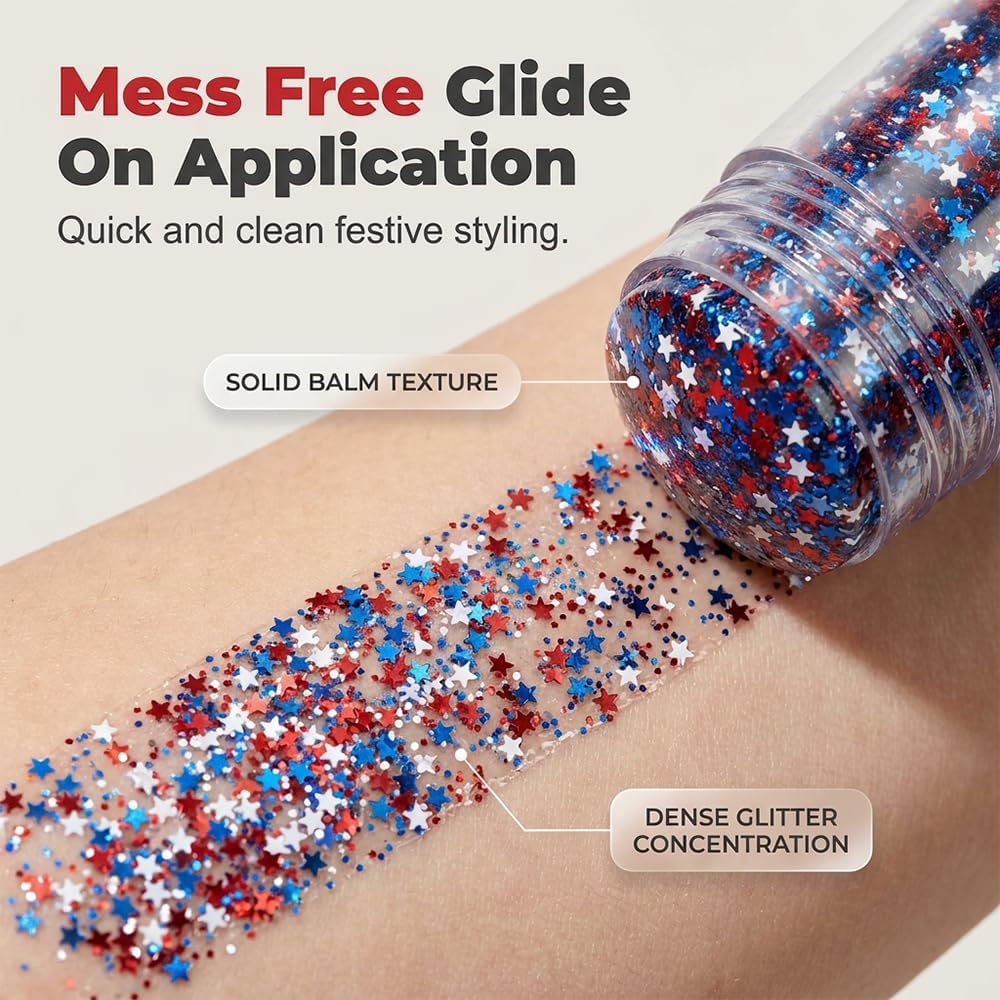 4Th Of July Outfits For Women,Patriotic Red White And Blue Body Glitter Stick,Sparkling Face Hair Glitter,American Flag Makeup For Independence Day Anniversary (2Pc)