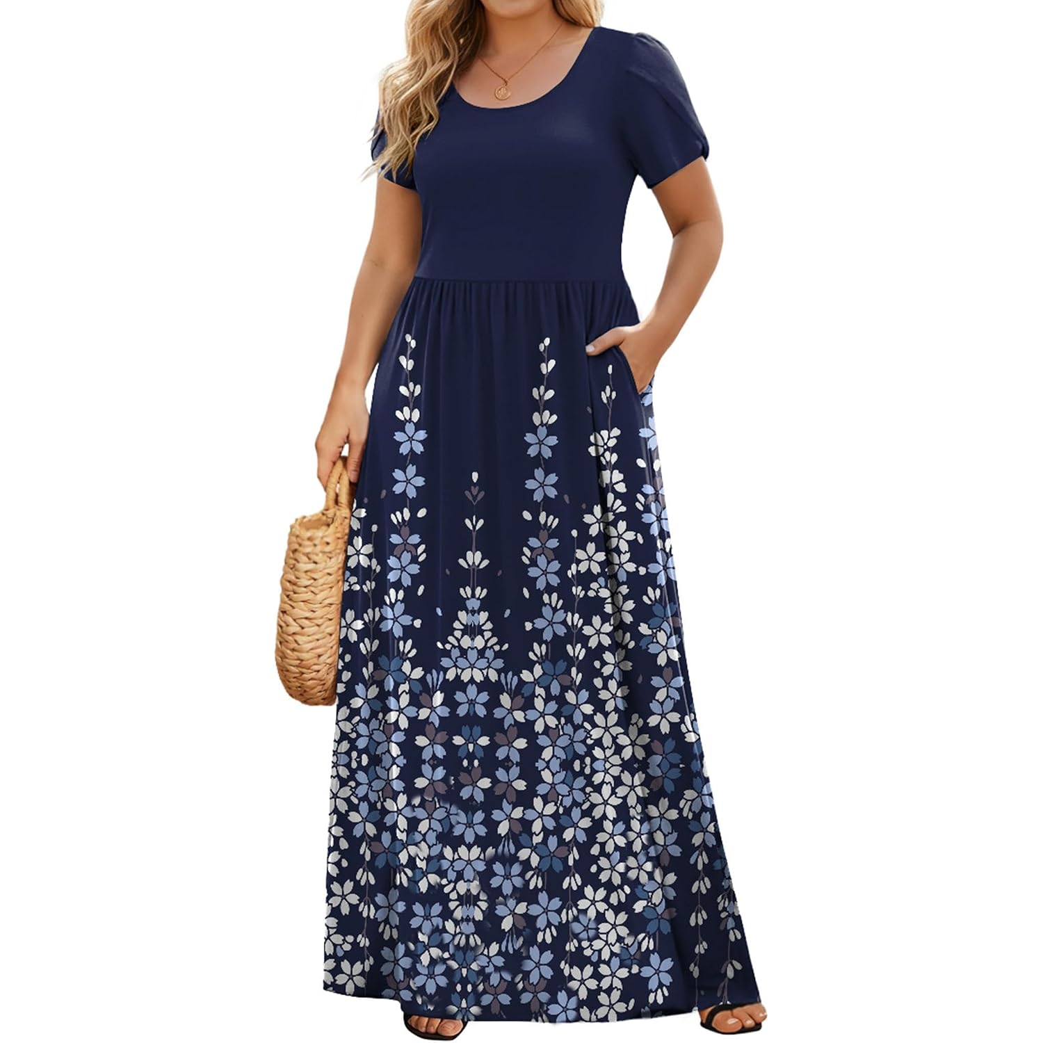 In'Voland Plus Size Maxi Dresses For Women Summer Petal Short Sleeve Dress Casual Loose Flowy Long Sundress With Pockets