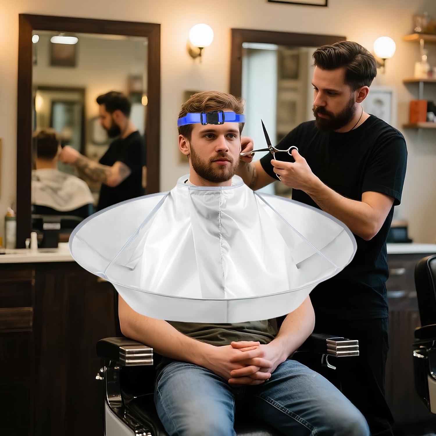 Self Haircut Cape Kit For Men，Fade Guide For Men Haircut，Hair Cutting Kit Includes Hair Cutting Cape, Adjustable Hair Trimming Guide, Comb，For Adults And Kids, Salon And Home Use(Blue)