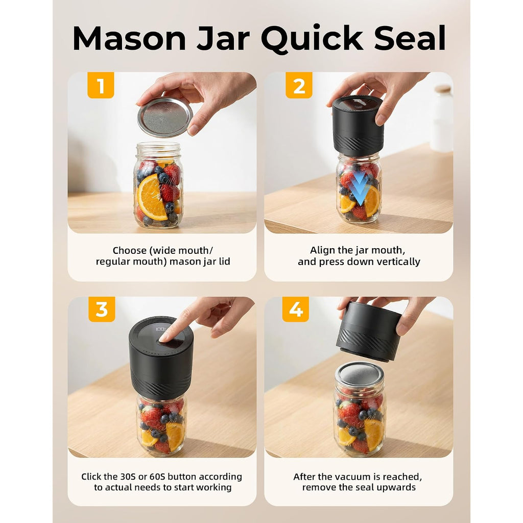 Electric Mason Jar Vacuum Sealer Kit With Auto-Stop, 1200Mah Cordless Jar Vacuum Sealer For Wide & Regular Mouth Mason Jars, Portable Automatic Vacuum Sealer With 10 Lids & 2 Vacuum Bags