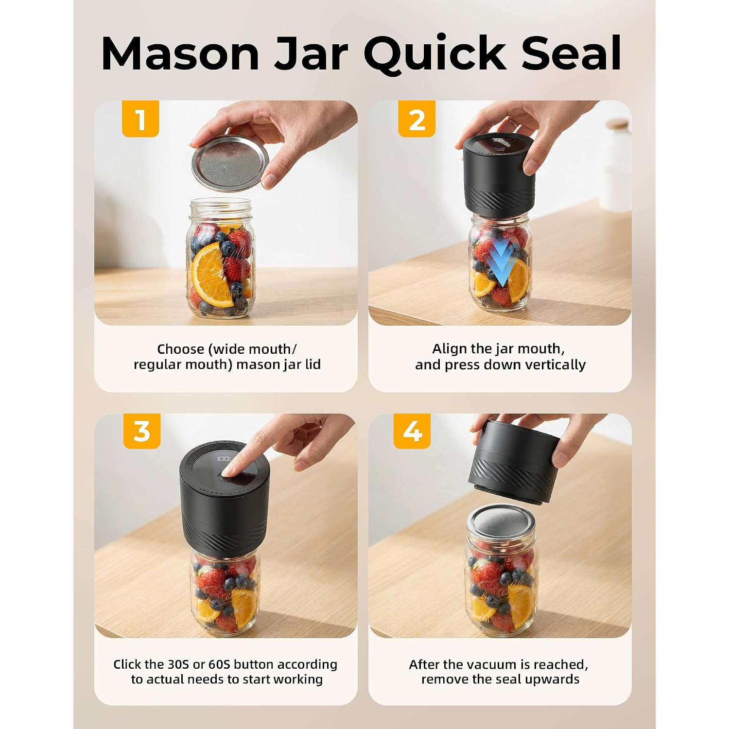 Electric Mason Jar Vacuum Sealer Kit With Auto-Stop, 1200Mah Cordless Jar Vacuum Sealer For Wide & Regular Mouth Mason Jars, Portable Automatic Vacuum Sealer With 10 Lids & 2 Vacuum Bags
