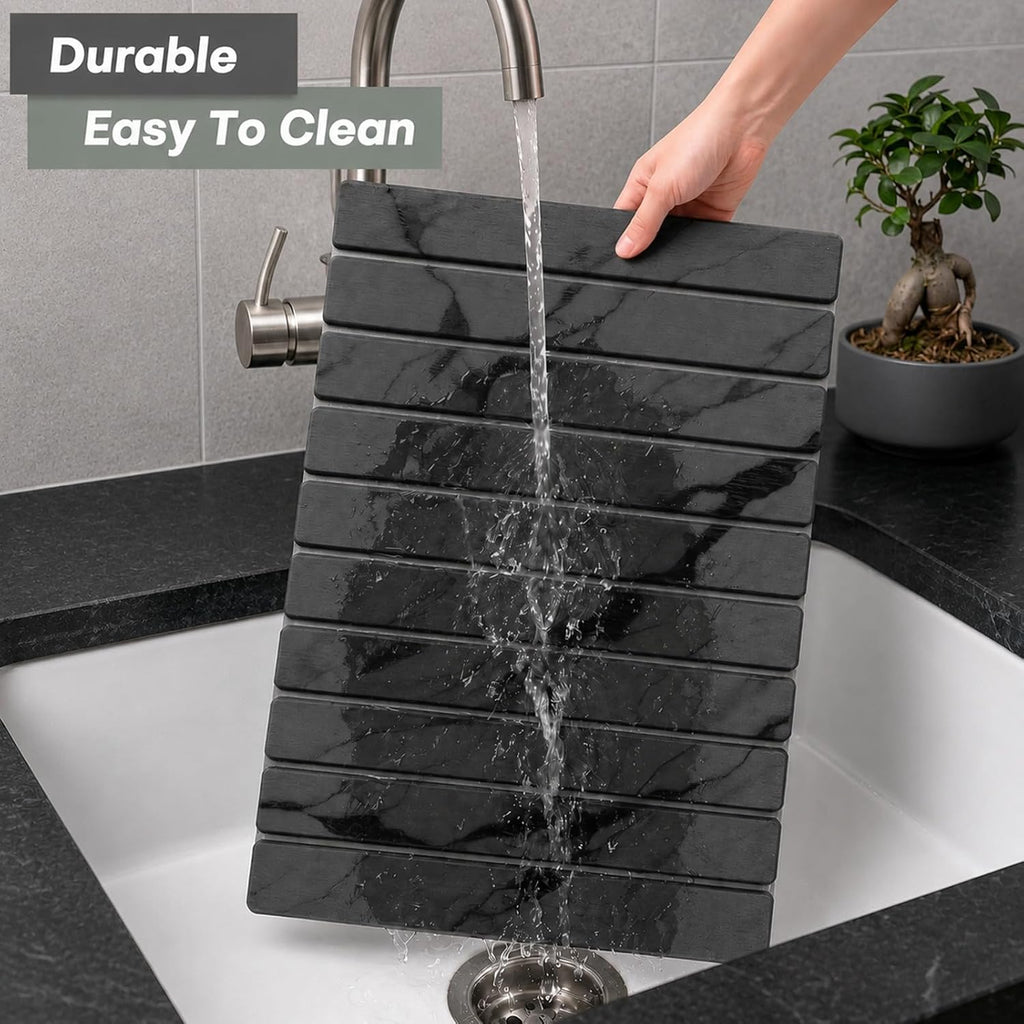 Large Stone Dish Drying Mat For Kitchen Counter, Quick Dry Stone Dishes/Bath Mats,Foldable Water Absorbing Diatomaceous Earth Drying Organizer Pad For Plate Rack Bottles Utensils(Dark Gray 24"×16")