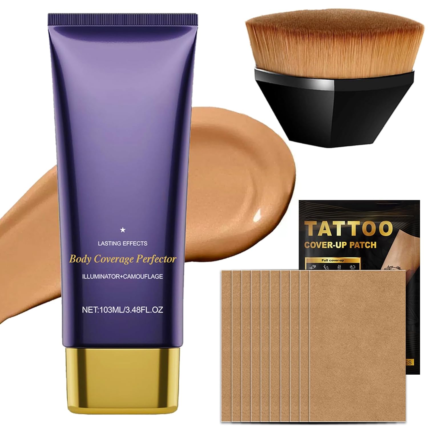 Body Makeup No Transfer with Brushes & Tattoo Concealer Patches, Leg & Body Coverage Perfector for Skin Imperfections, Uneven Tone