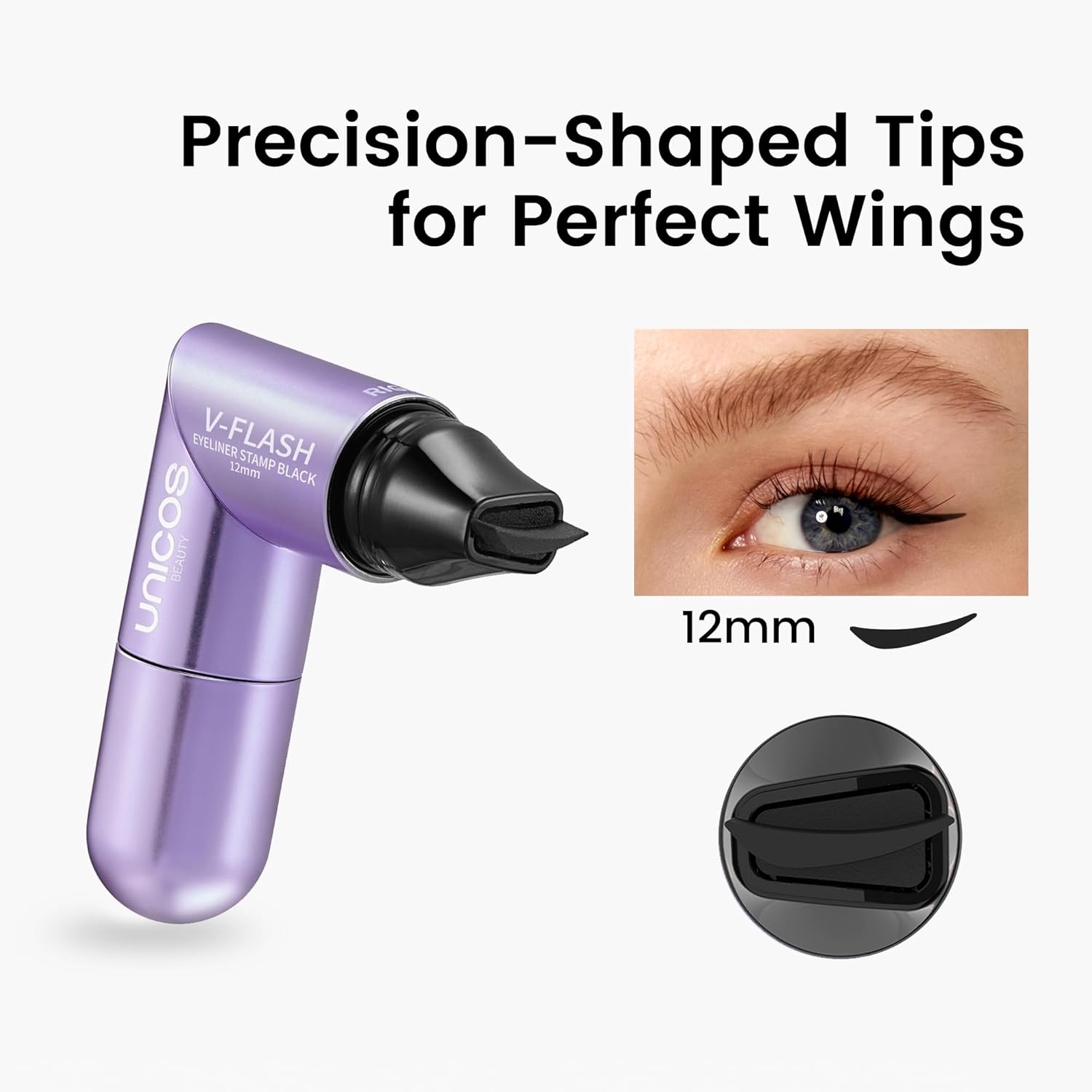 Unicos Winged Eyeliner Stamp - 90° Ergonomic Cat Eye Makeup Tool with Dual-Sided L/R Symmetry, Waterproof & Smudge-Proof Liquid Eye Liner Pen, 2.1ml High Capacity, Long Lasting Finish, 12mm