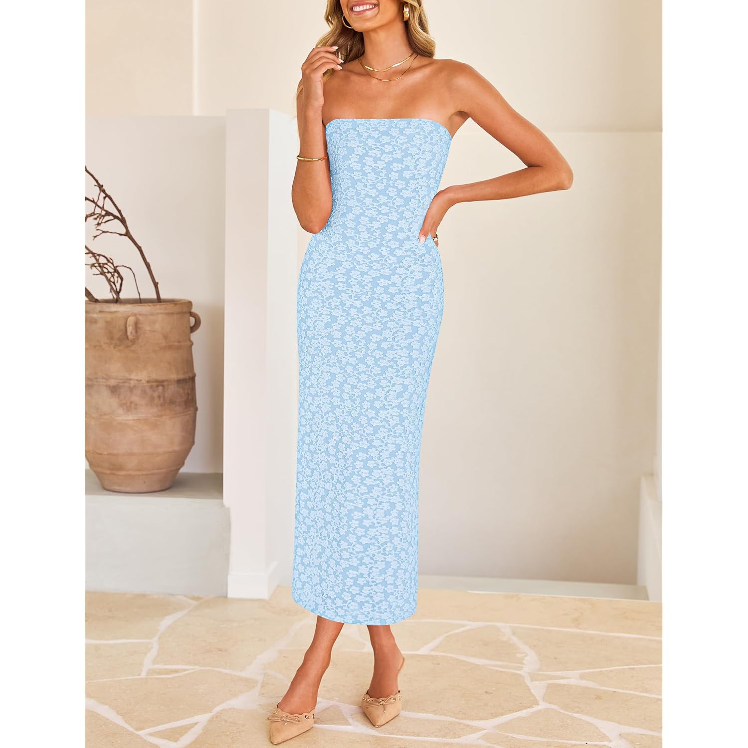 Zesica Women'S 2026 Summer Floral Strapless Bodycon Midi Dress Off Shoulder Beach Formal Cocktail Wedding Guest Long Dresses