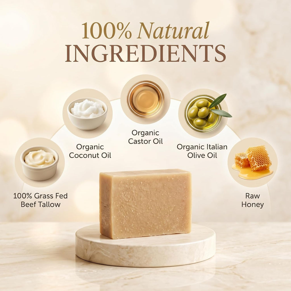 Terra Lotus - Organic Tallow Soap With Organic Castor Oil & Raw Honey - Hydrating & Nourishing - 3 Pack (Unscented)