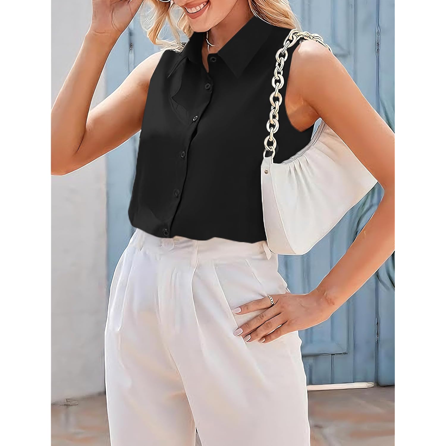Women's Sleeveless Button Down Shirts Blouses Casual Loose V Neck Tank Tops for Work S-XXL
