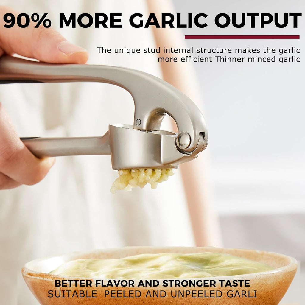 Kitessensu High Effective Garlic Press With Studs, Heavy Duty Garlic Mincer, Easy To Squeeze And Clean, Rust Proof, Ginger Crusher- Imperial Silver