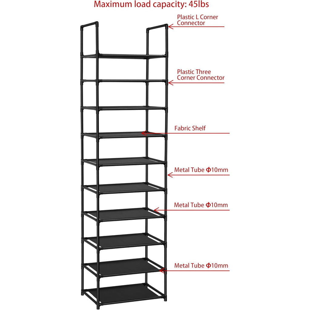 Fiducial Home 10 Tiers Shoe Rack Organizer 20 Pairs Tall Shoe Shelf | Tall Narrow Space Saving For Closet Entryway Dorm, Easy To Assemble, 17"L X 11"W X 68.8"H, Black