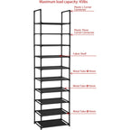 Fiducial Home 10 Tiers Shoe Rack Organizer 20 Pairs Tall Shoe Shelf | Tall Narrow Space Saving For Closet Entryway Dorm, Easy To Assemble, 17"L X 11"W X 68.8"H, Black