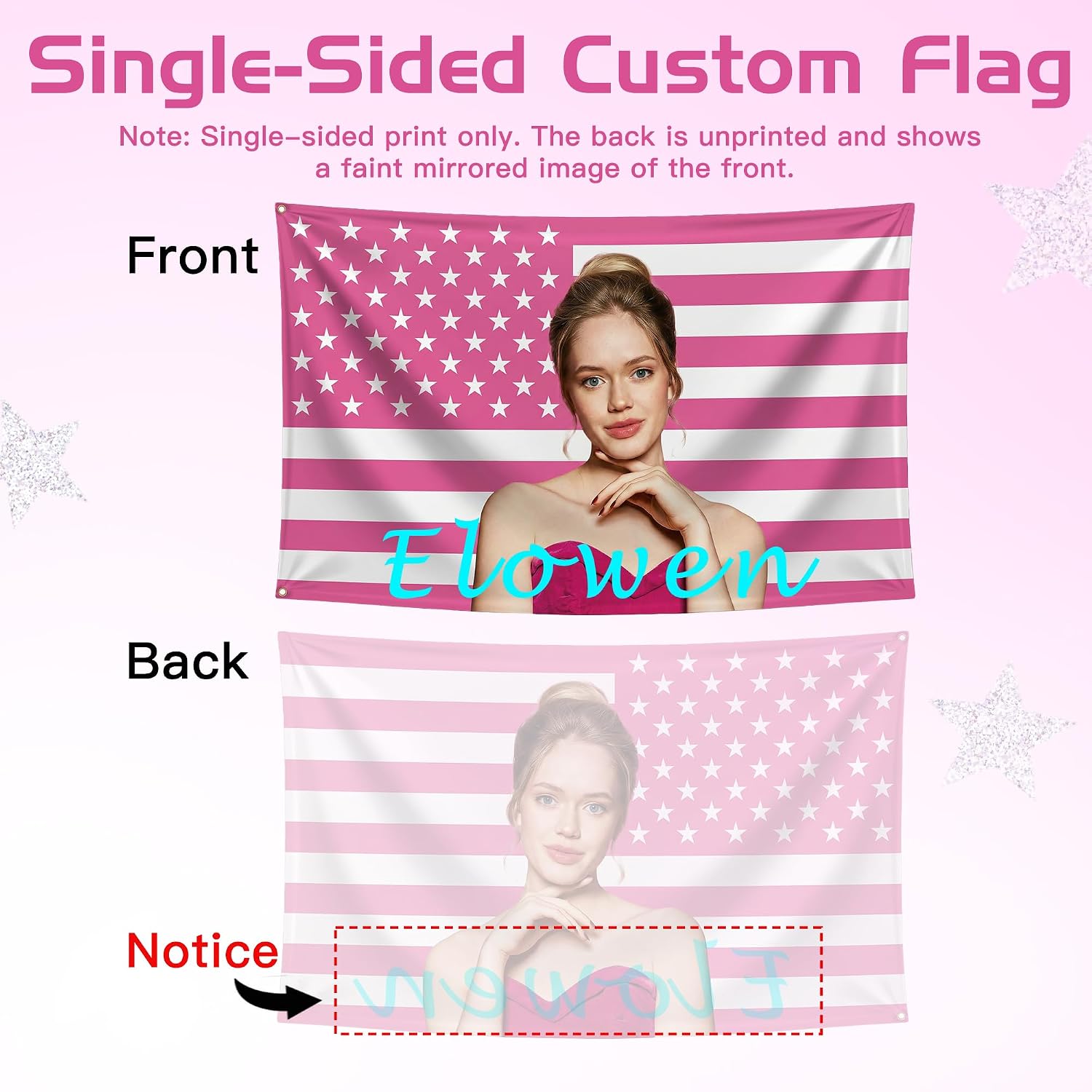 Custom Pink American Us Flag With Picture, Personalized Funny Flags With Face Image Logo Photo Text Single Sided Customized Flag Tapestry For Bedroom Dorm Room Decor Garden, 2X3 3X5 4X6 5X8 Ft