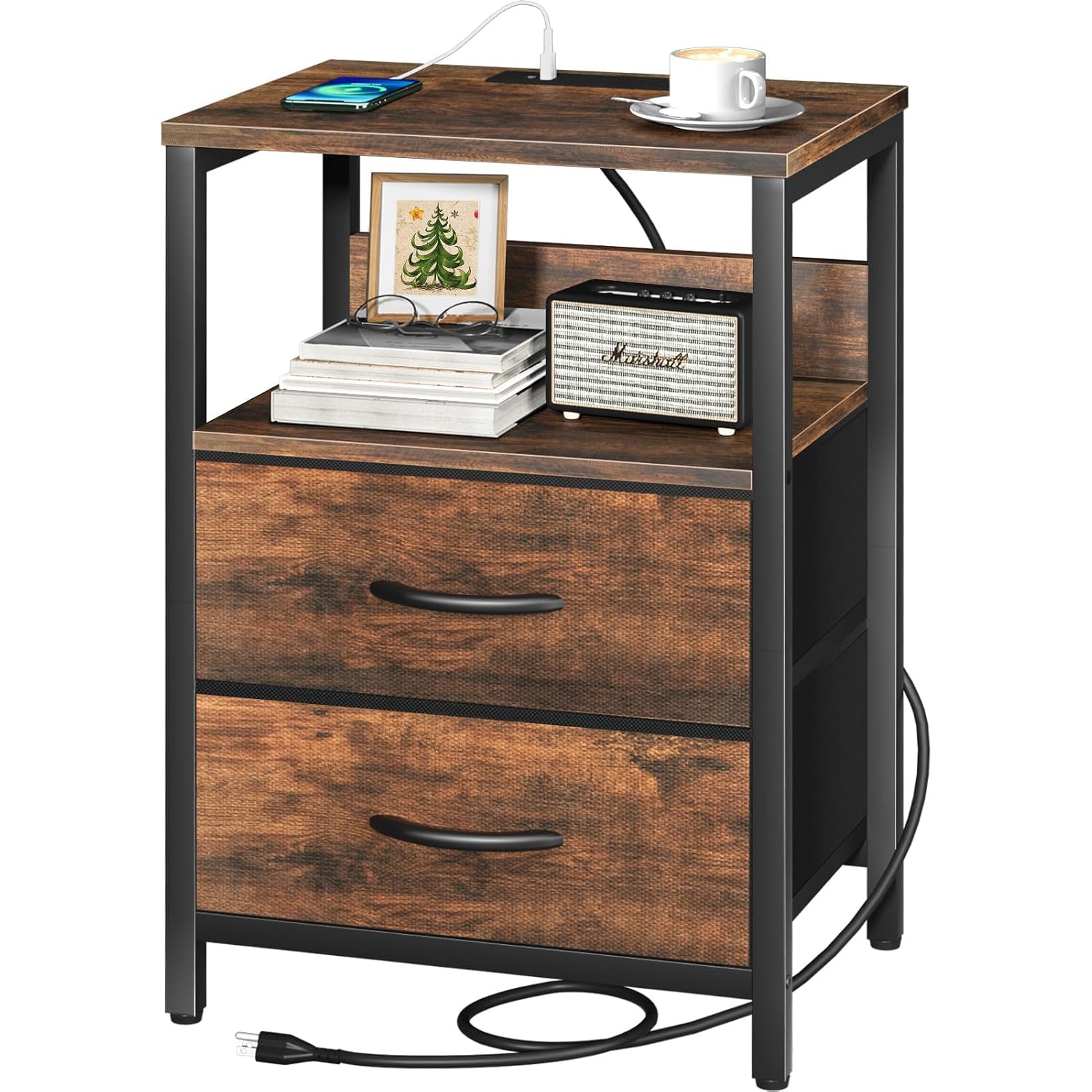 Yoobure Nightstand With Charging Station, Small Night Stand With Fabric Drawers And Storage Shelf For Bedrooms, Small Spaces, Bedside Table With Usb Ports & Outlets