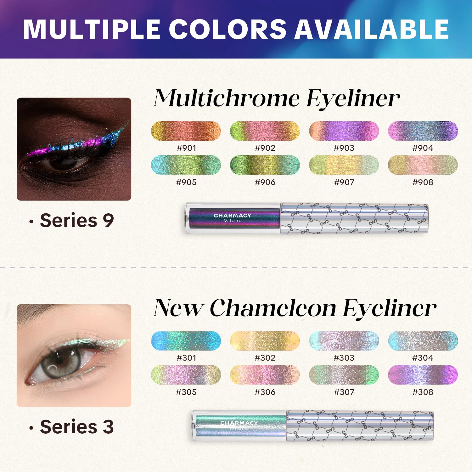 CHARMACY Chameleon Glitter Liquid Eyeliner, Metallic Shade Color Shift Eye Liner, Highly Pigmented, 24H Long-Lasting, Waterproof and Anti-Smudge, Ultra-Fine Tip, PURPLE GOLD INDIGO 904