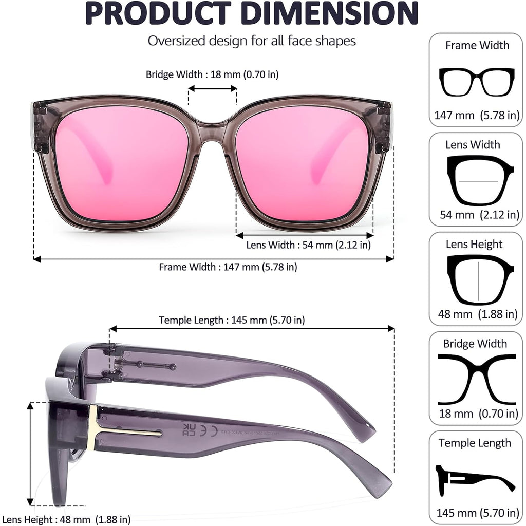 LVIOE Polarized Fit Over Sunglasses for Women Men Oversized Square Over Glasses Sunglasses with UV Protection A02 Grey Frame/Pink Lens