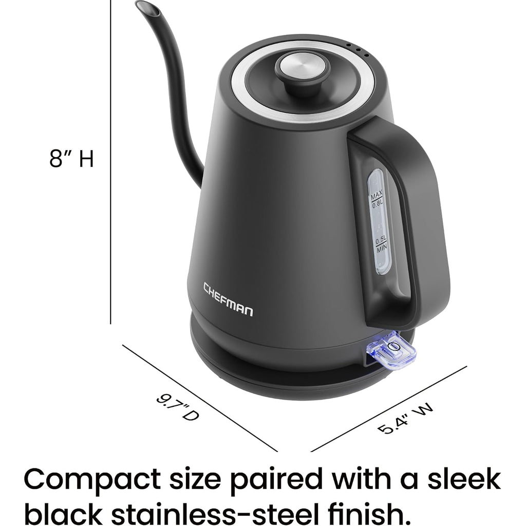 Chefman Gooseneck Electric Kettle, 0.8L Pour Over Tea Kettle For Coffee And Tea, One-Touch Operation, Boil-Dry Protection, Auto Shut-Off, Ultra-Fast Hot Water Boiler – Black