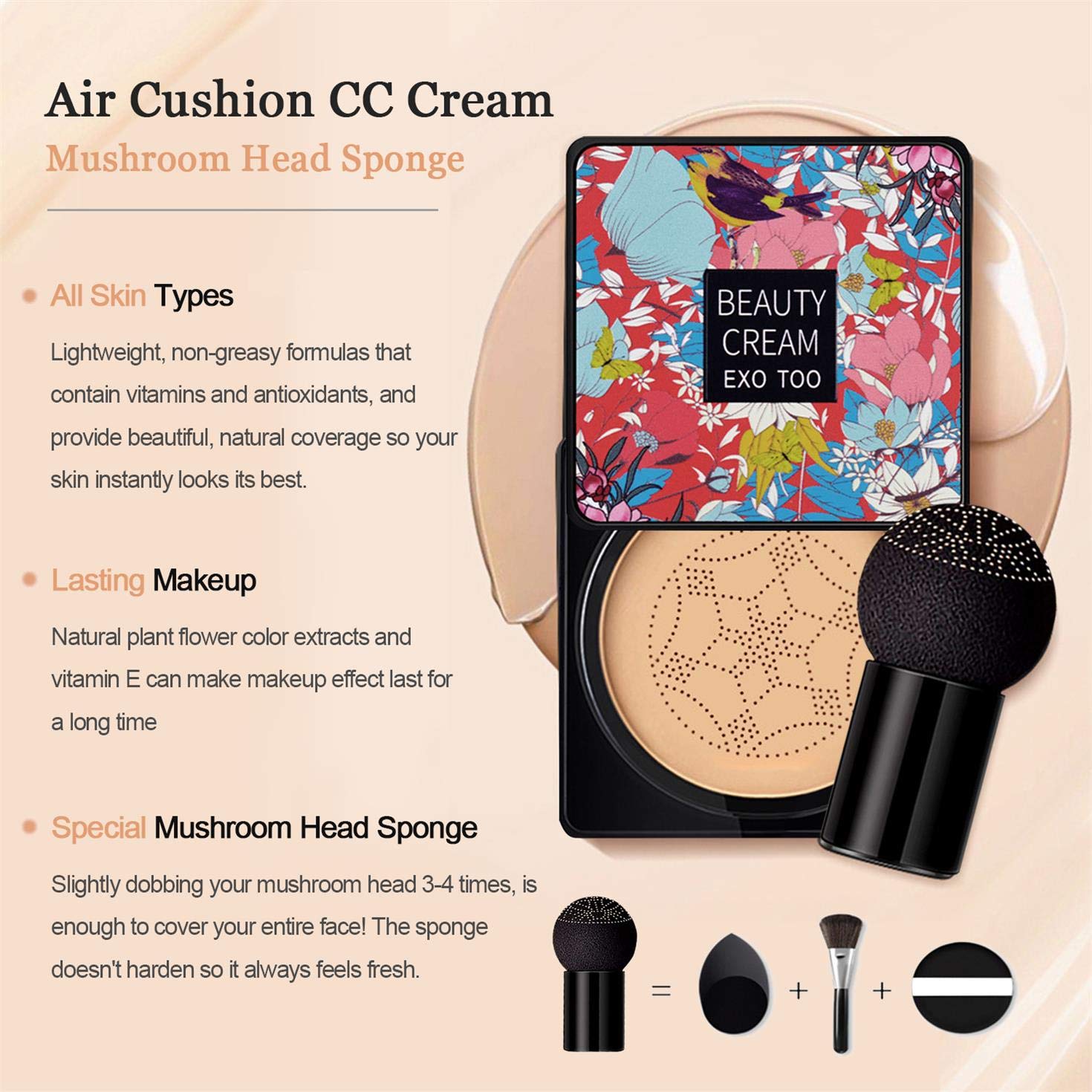 NUIBO Mushroom Head Air Cushion CC Cream, Full Coverage Concealer & Flawless Foundation Makeup, Tattoo Cover Up, Long Lasting Coverage to Hide Blemishes & Even Skin Tone, Natural Bright Finish