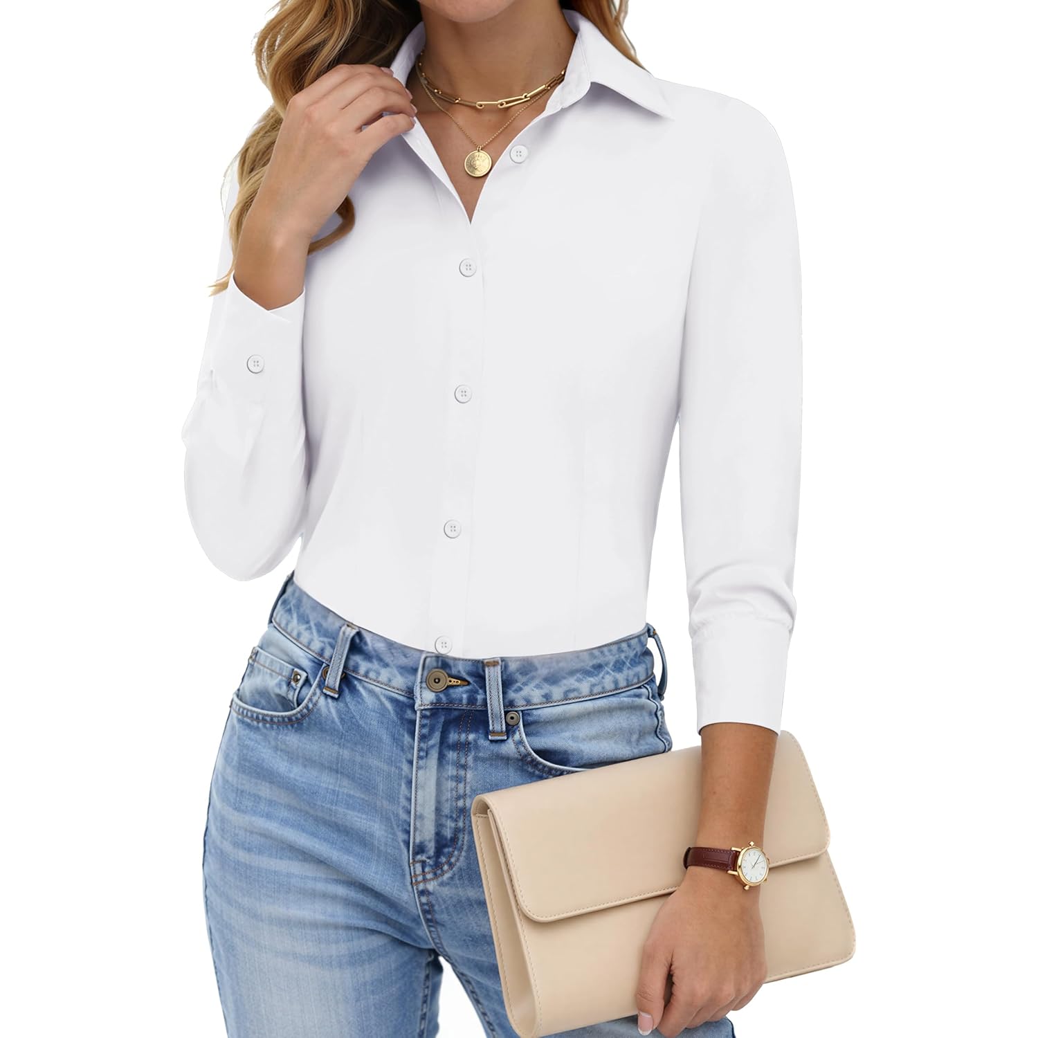 Women Button Down Shirts Long Sleeve Stain Shield Dress Shirts Slim fit Work Blouses Office Business Tops