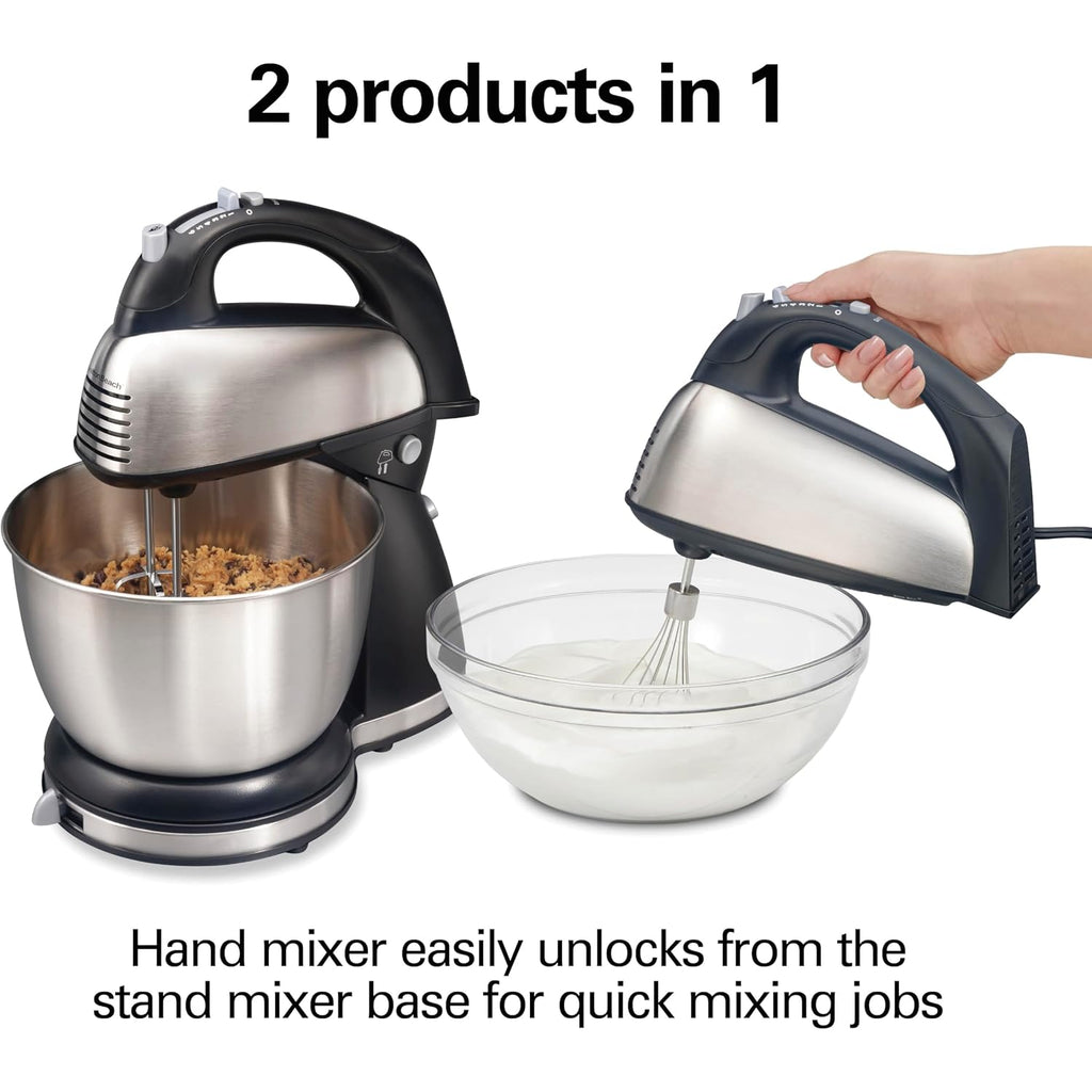 Hamilton Beach Classic Stand And Hand Mixer, 4 Quarts, 6 Speeds With Quickburst, Bowl Rest, 290 Watts Peak Power, Black And Stainless | 2-In-1 Versatility | Quickburst For Added Power | 290 Watts Peak Power | Built-In Bowl Rest | Black And Stainless Steel