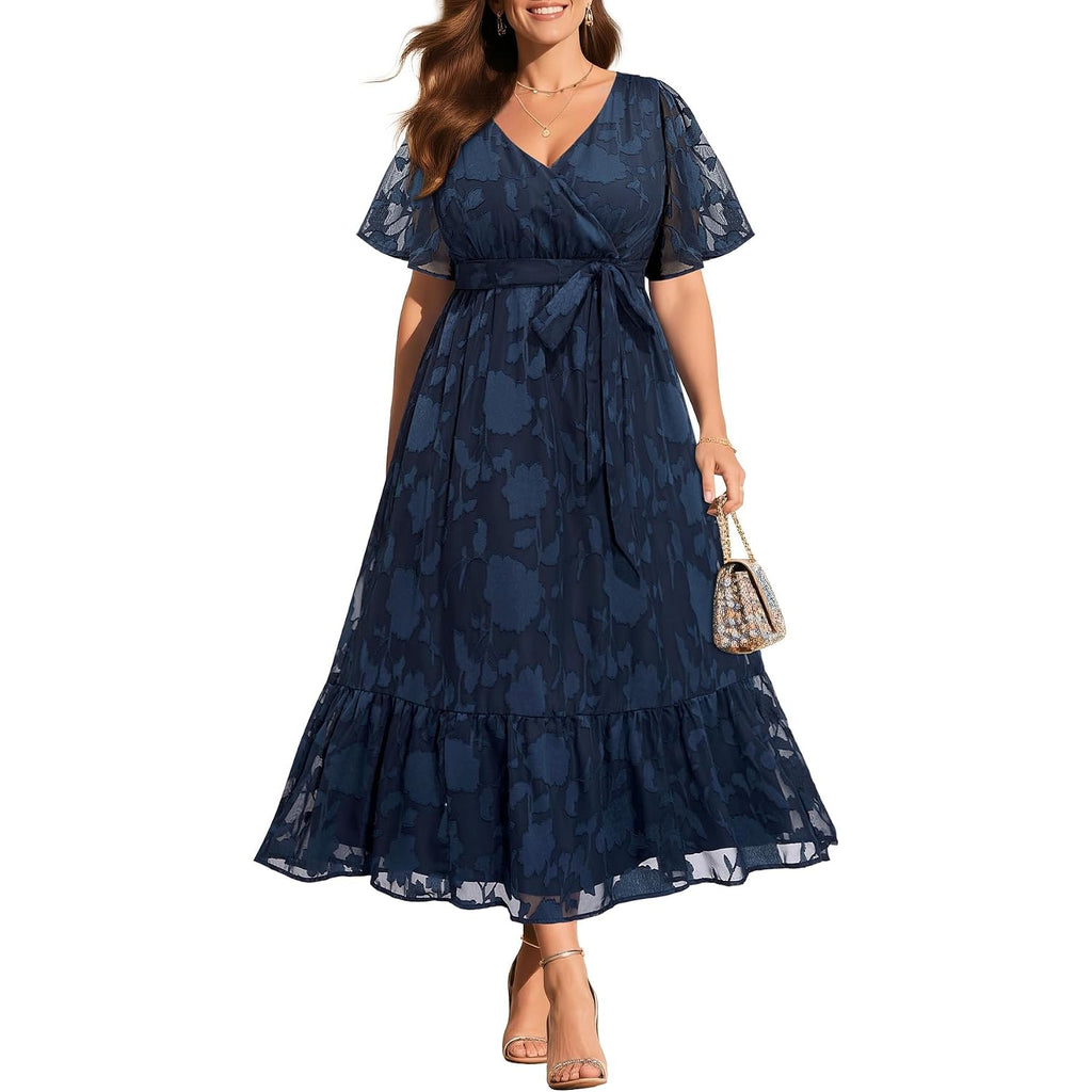 Pinup Fashion Plus Size Dresses For Wedding Guest - Formal Cocktail Elegant Wrap V Neck Long Dress