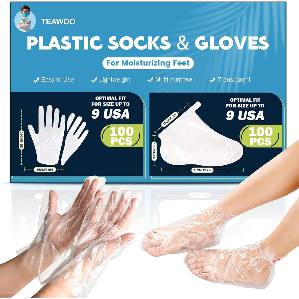 TEAWOO 200PCS Disposable Hand & Foot Mask Set, 100P Hand Masks + 100P Foot Masks with Stickers, Leak-Proof Moisturizing Covers for Paraffin Therapy & at-Home Skin Care (Feet Fit up to US 9)